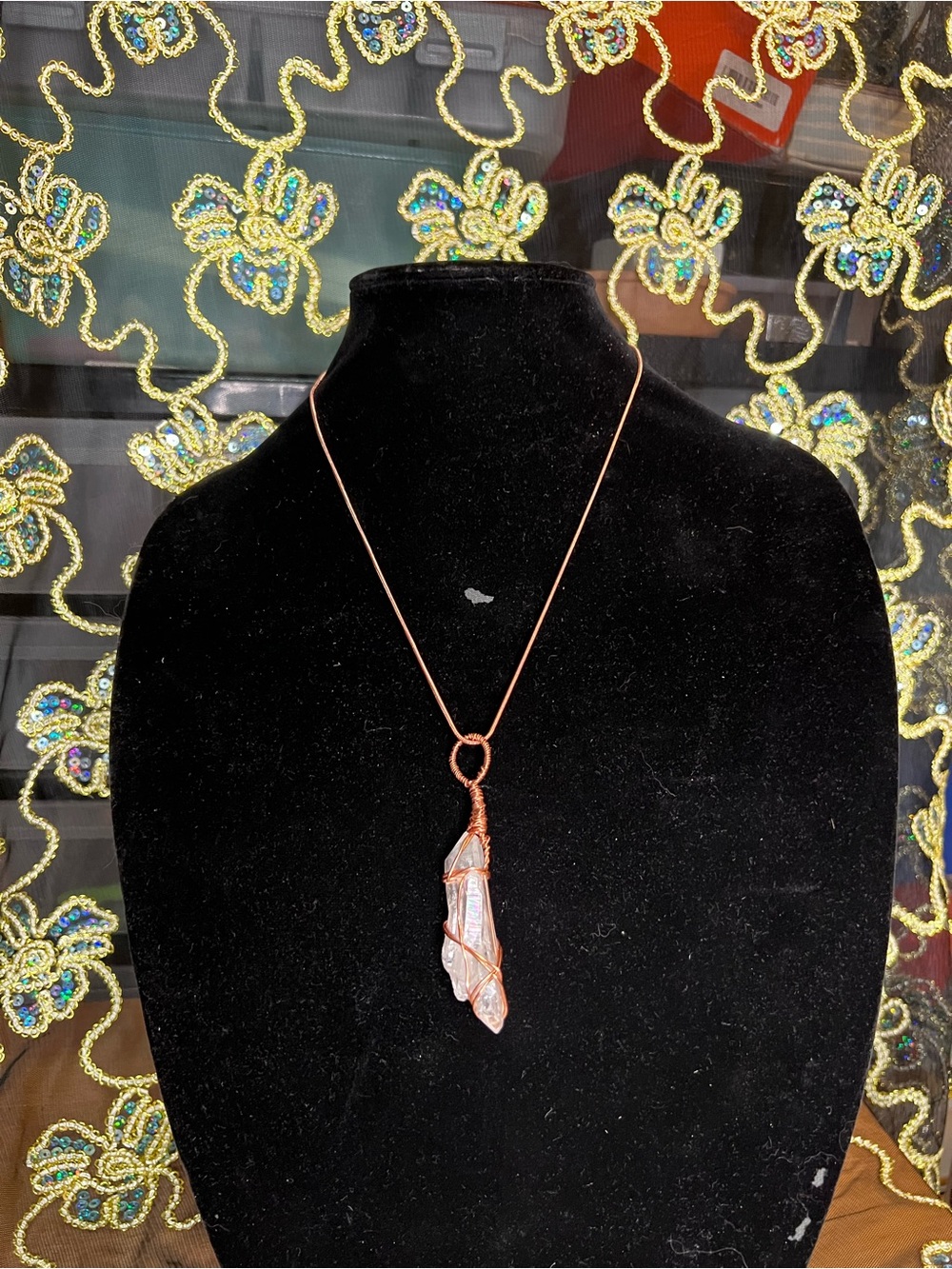 Handcrafted Clear Crystal Pendant Necklace with Copper Wire
